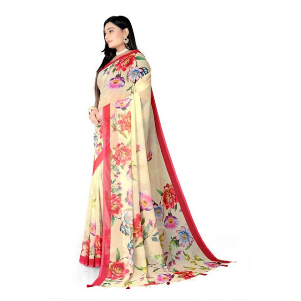 Amfyn Women's Georgette Floral Printed Saree With Unstitched Blouse 5.5Mtr (Yellow)