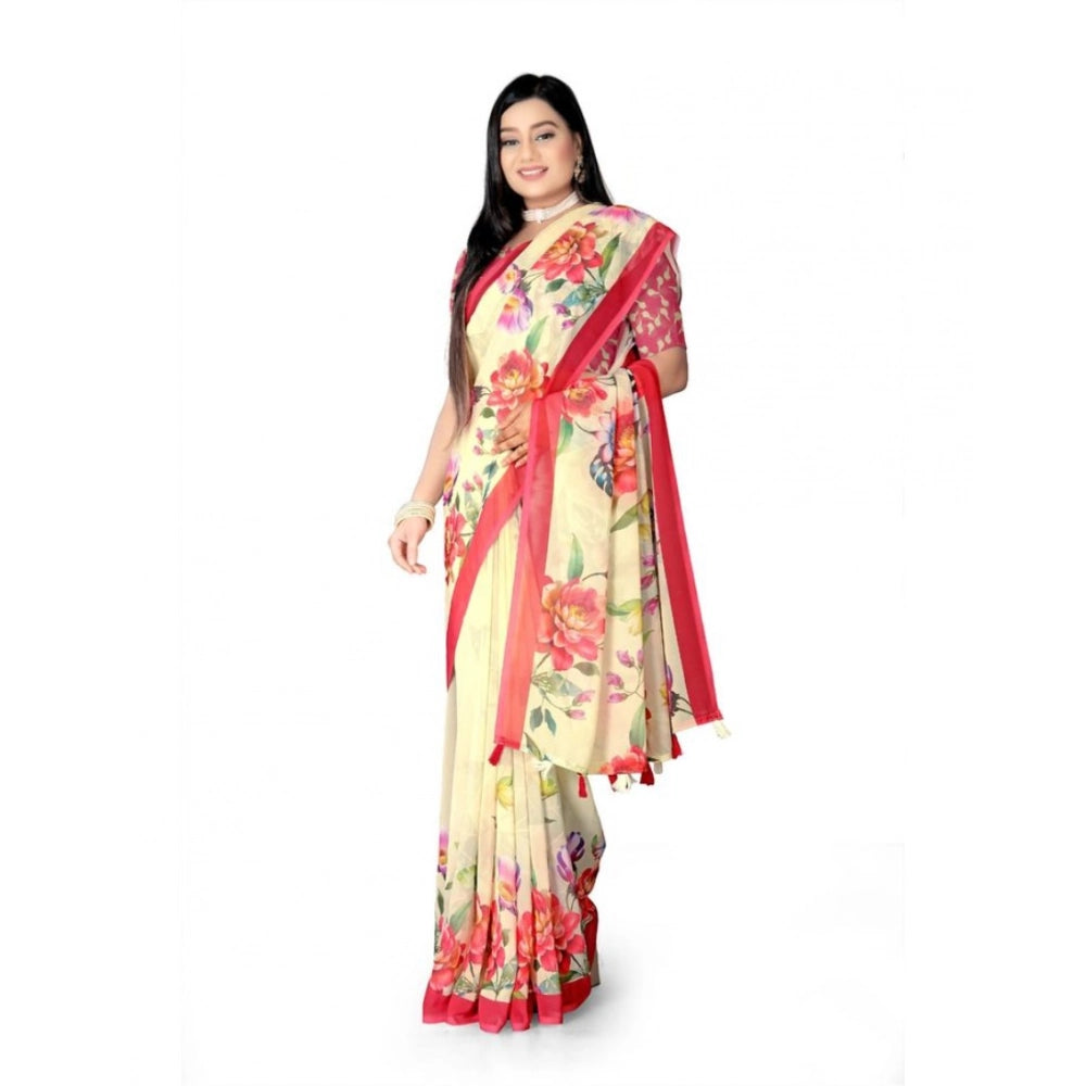 Amfyn Women's Georgette Floral Printed Saree With Unstitched Blouse 5.5Mtr (Yellow)