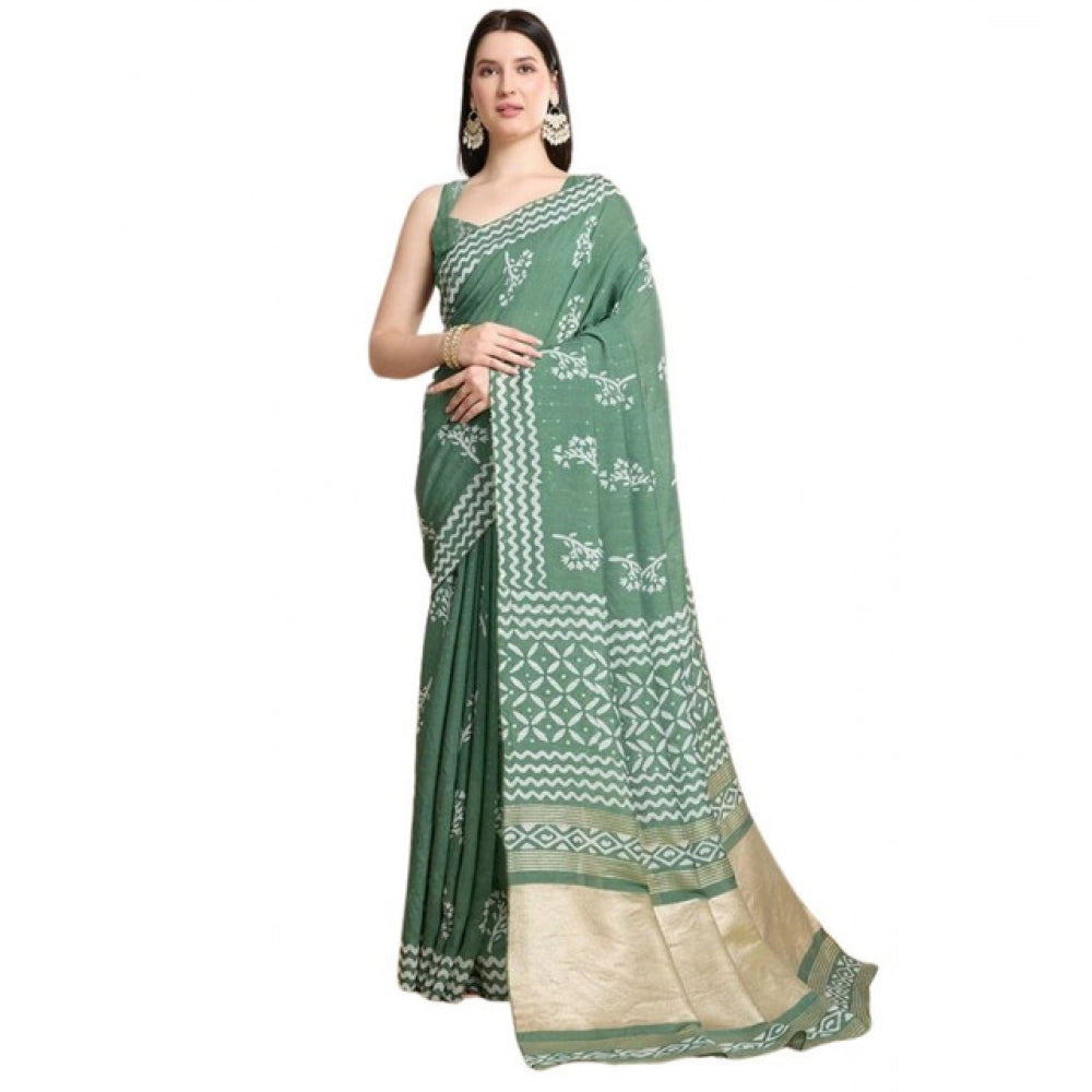 Amfyn Women's Semi Cotton Printed Saree With Unstitched Blouse 5.5Mtr (Green)