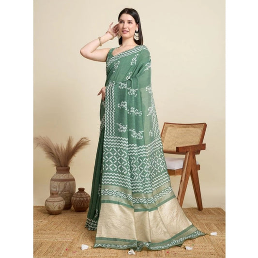 Amfyn Women's Semi Cotton Printed Saree With Unstitched Blouse 5.5Mtr (Green)