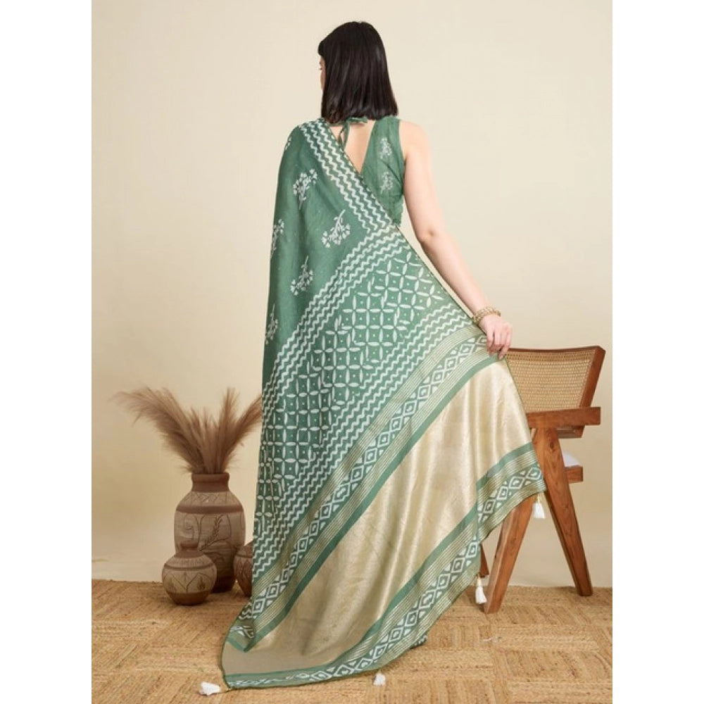 Amfyn Women's Semi Cotton Printed Saree With Unstitched Blouse 5.5Mtr (Green)