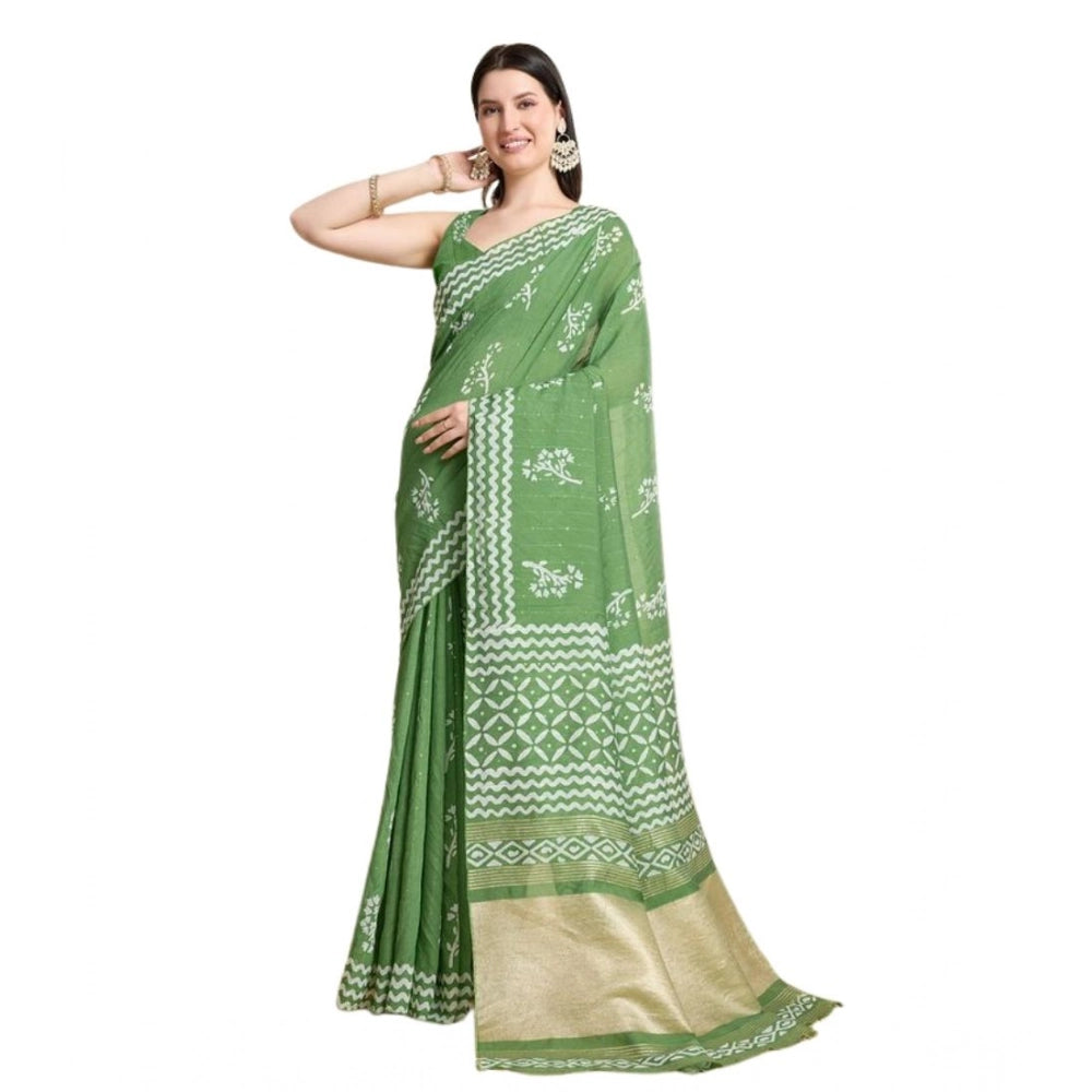 Amfyn Women's Semi Cotton Printed Saree With Unstitched Blouse 5.5Mtr (Mint-Green)