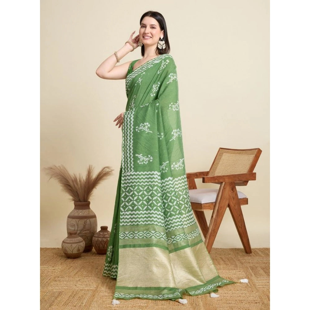 Amfyn Women's Semi Cotton Printed Saree With Unstitched Blouse 5.5Mtr (Mint-Green)