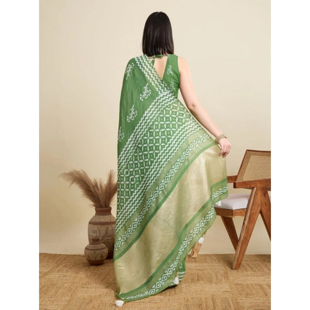 Amfyn Women's Semi Cotton Printed Saree With Unstitched Blouse 5.5Mtr (Mint-Green)