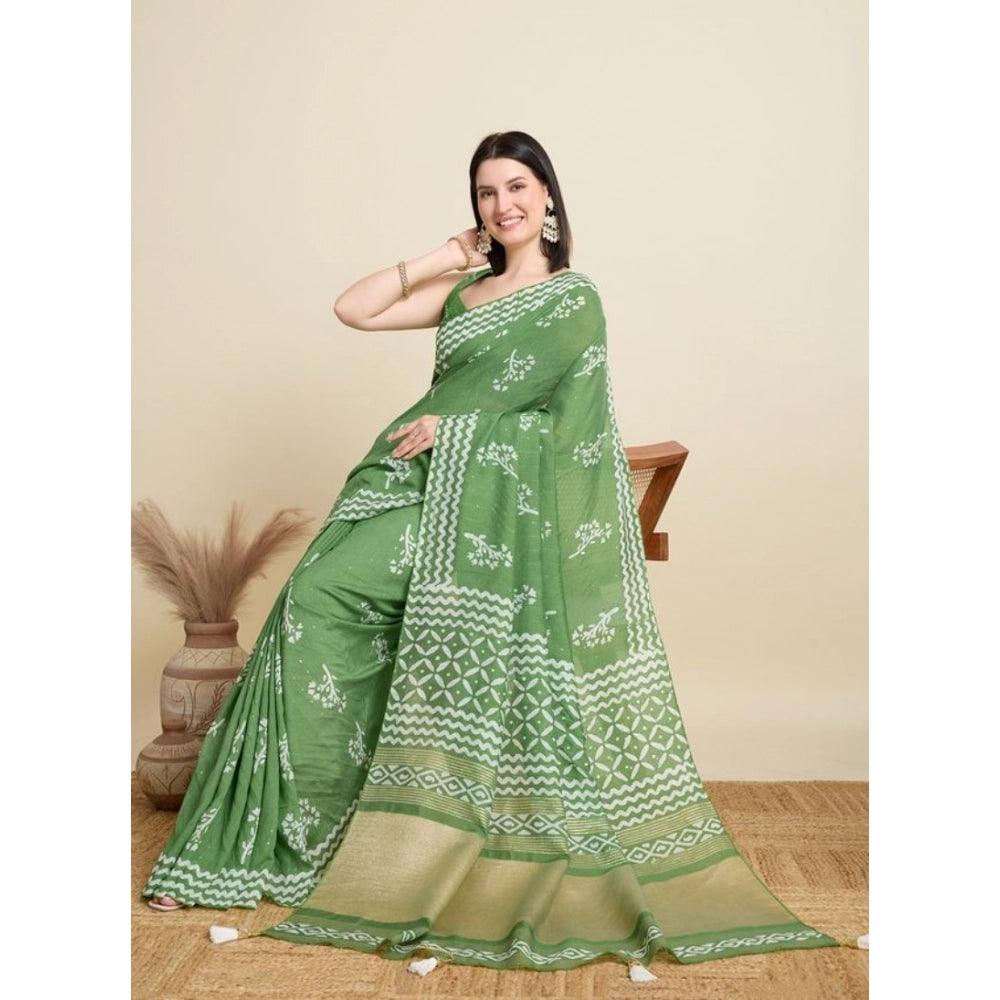 Amfyn Women's Semi Cotton Printed Saree With Unstitched Blouse 5.5Mtr (Mint-Green)