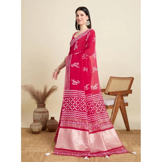 Amfyn Women's Semi Cotton Printed Saree With Unstitched Blouse 5.5Mtr (Red)
