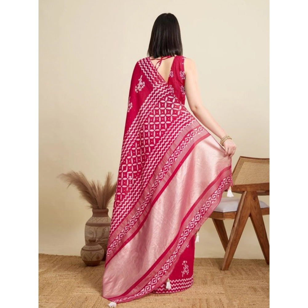 Amfyn Women's Semi Cotton Printed Saree With Unstitched Blouse 5.5Mtr (Red)