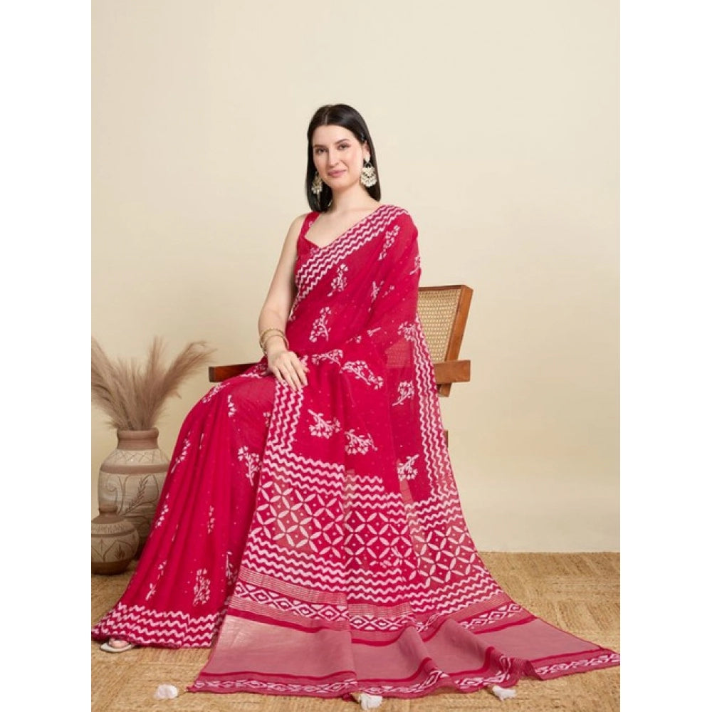 Amfyn Women's Semi Cotton Printed Saree With Unstitched Blouse 5.5Mtr (Red)