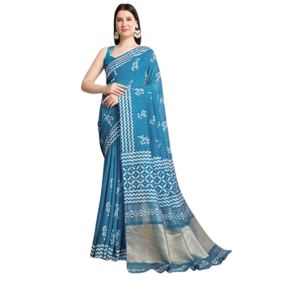 Amfyn Women's Semi Cotton Printed Saree With Unstitched Blouse 5.5Mtr (Sky-Blue)
