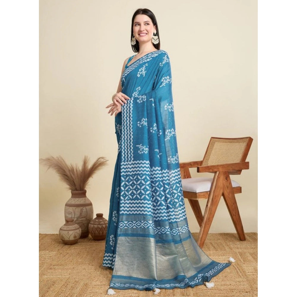 Amfyn Women's Semi Cotton Printed Saree With Unstitched Blouse 5.5Mtr (Sky-Blue)
