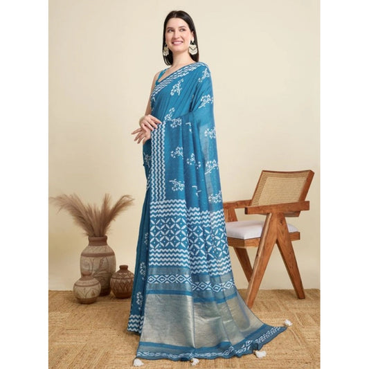 Amfyn Women's Semi Cotton Printed Saree With Unstitched Blouse 5.5Mtr (Sky-Blue)