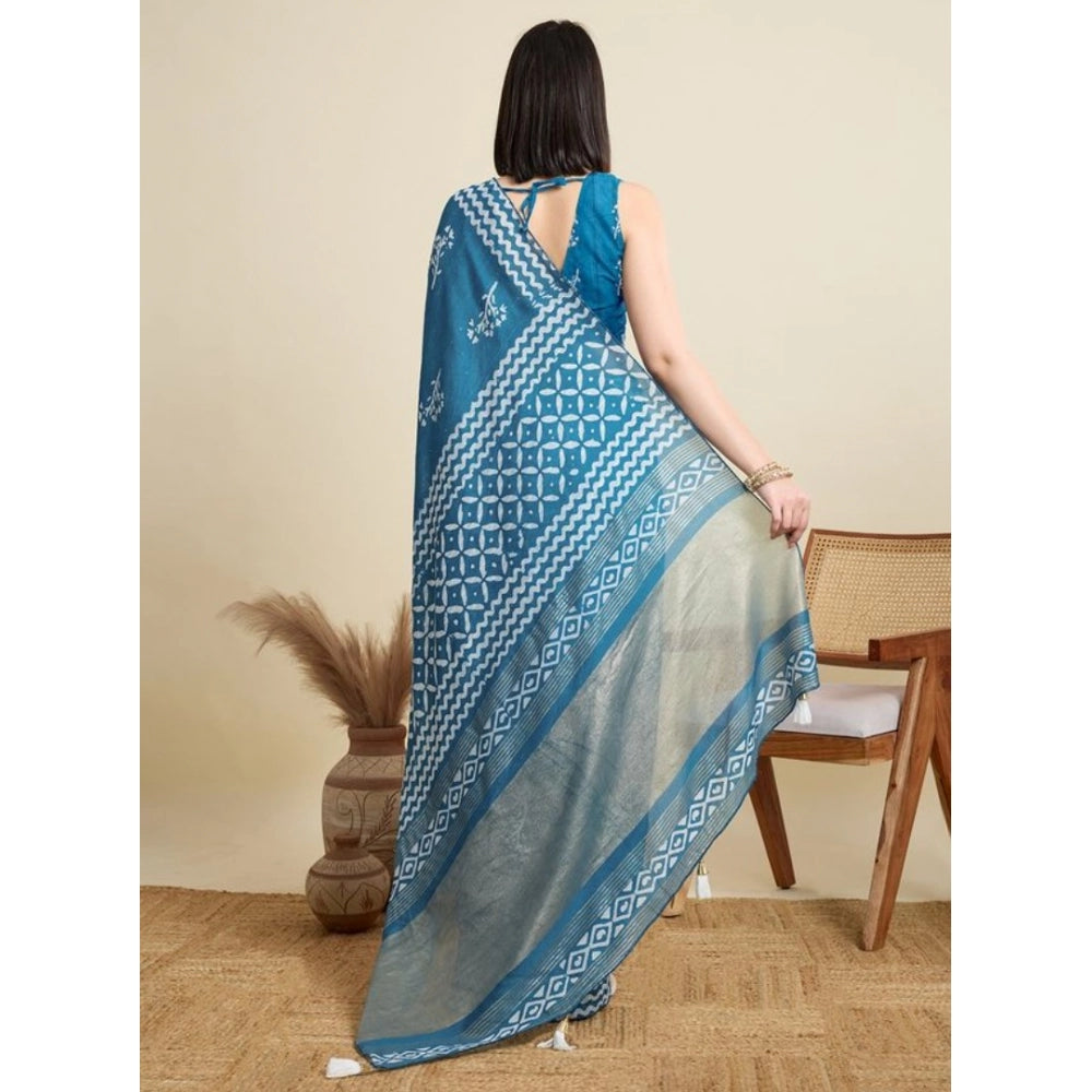 Amfyn Women's Semi Cotton Printed Saree With Unstitched Blouse 5.5Mtr (Sky-Blue)