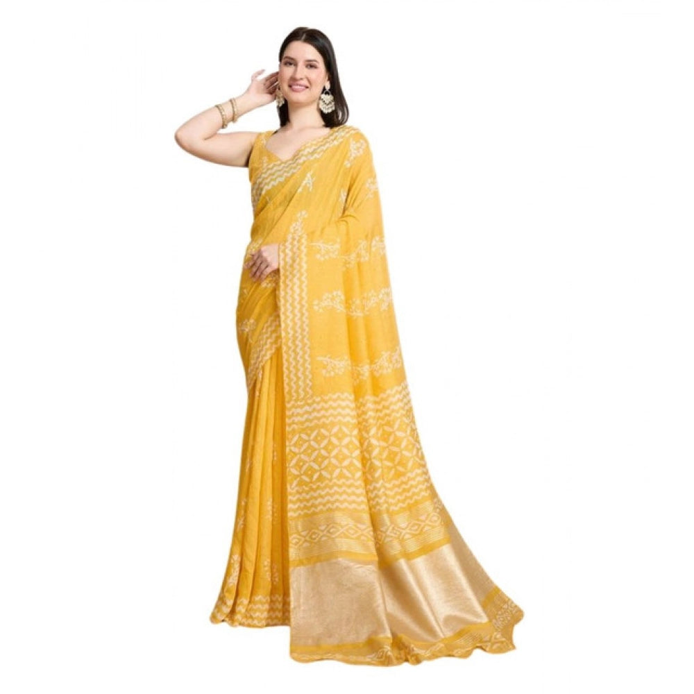 Amfyn Women's Semi Cotton Printed Saree With Unstitched Blouse 5.5Mtr (Yellow)