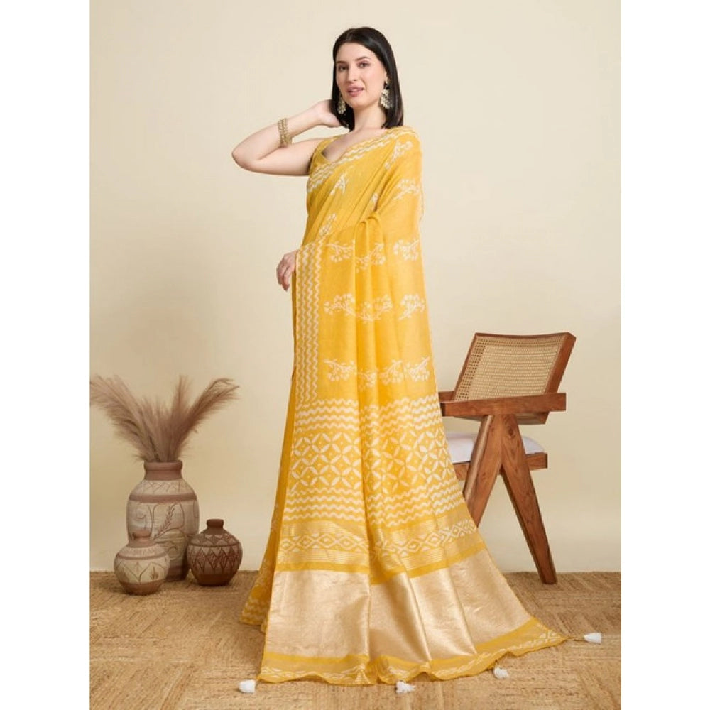 Amfyn Women's Semi Cotton Printed Saree With Unstitched Blouse 5.5Mtr (Yellow)