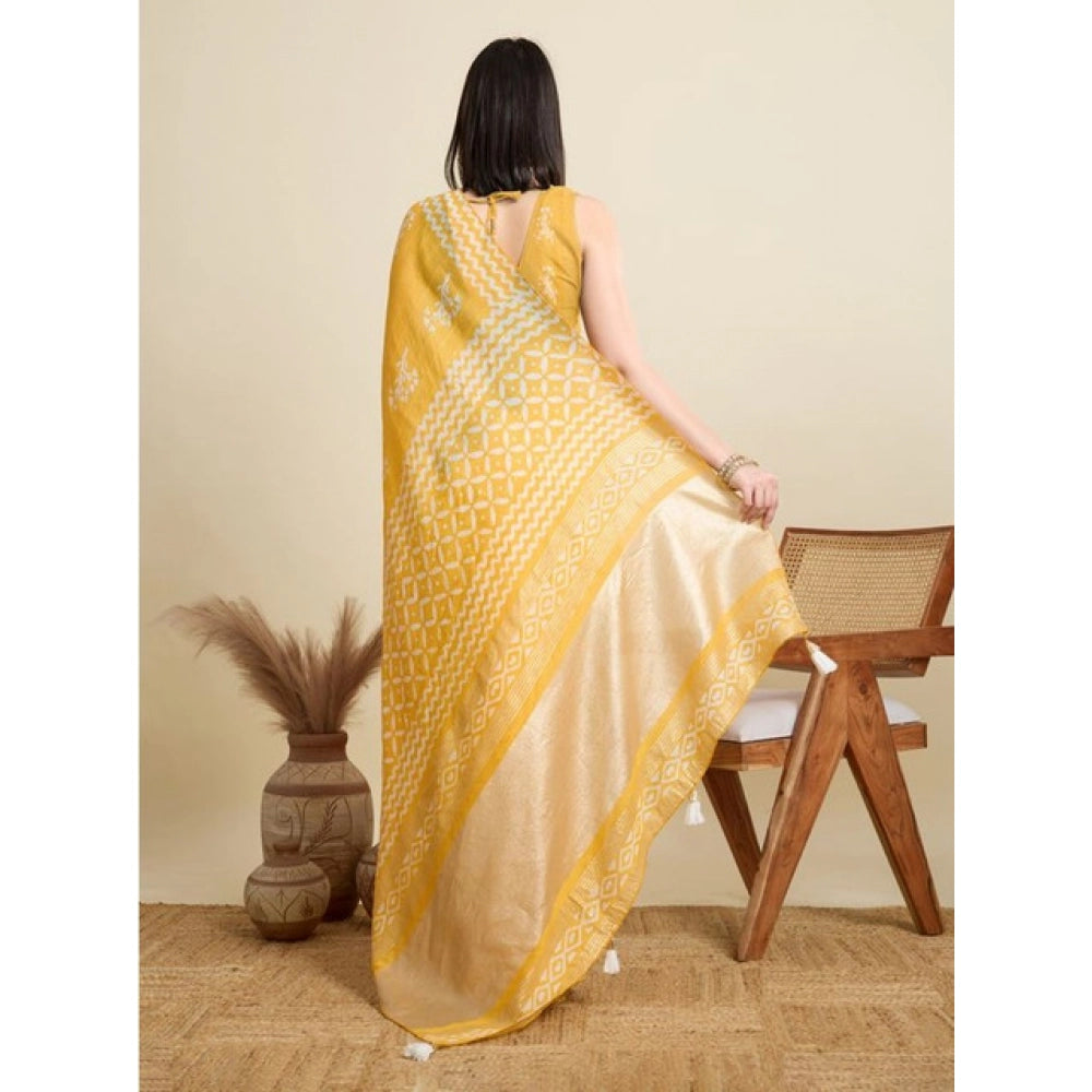 Amfyn Women's Semi Cotton Printed Saree With Unstitched Blouse 5.5Mtr (Yellow)