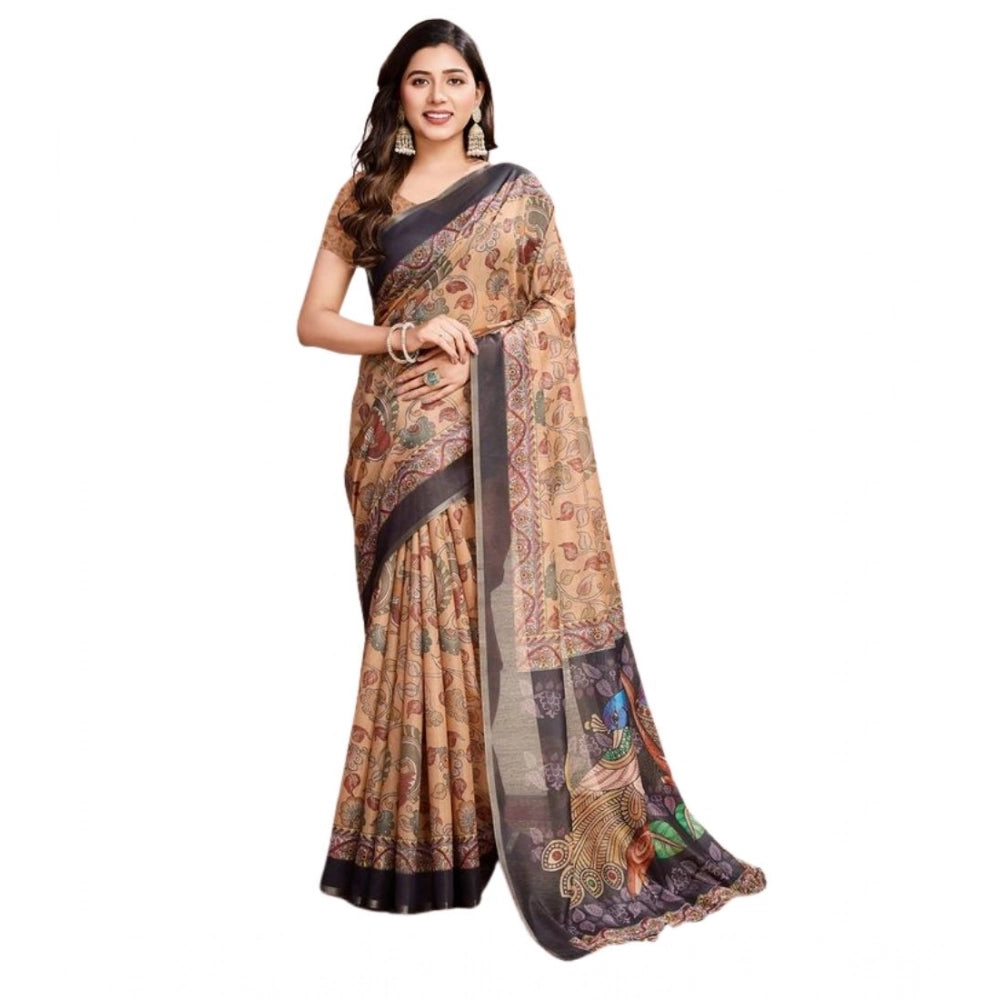 Amfyn Women's Semi Cotton Digital Print Saree With Unstitched Blouse 5.5Mtr (Beige)