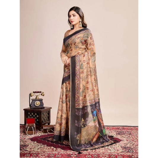 Amfyn Women's Semi Cotton Digital Print Saree With Unstitched Blouse 5.5Mtr (Beige)