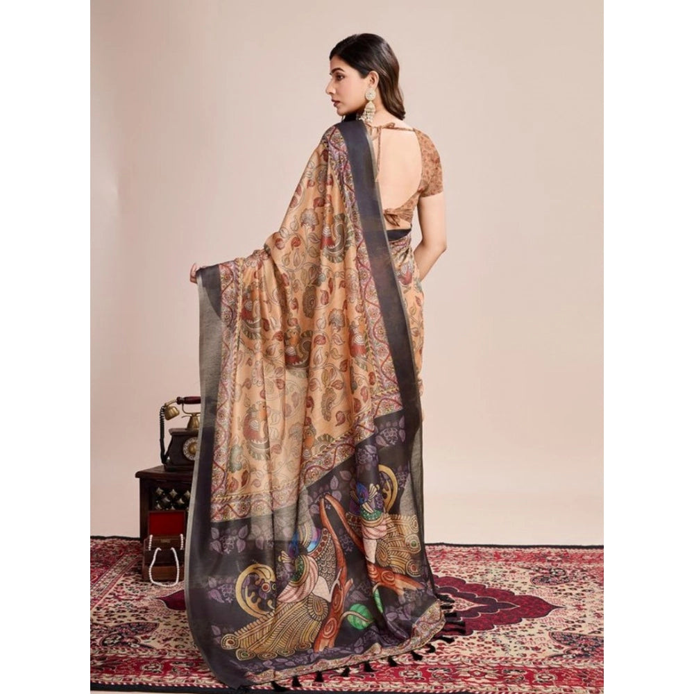 Amfyn Women's Semi Cotton Digital Print Saree With Unstitched Blouse 5.5Mtr (Beige)