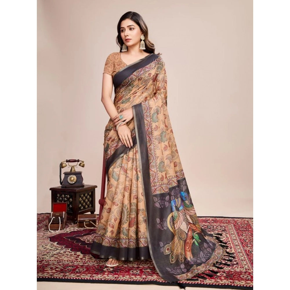 Amfyn Women's Semi Cotton Digital Print Saree With Unstitched Blouse 5.5Mtr (Beige)