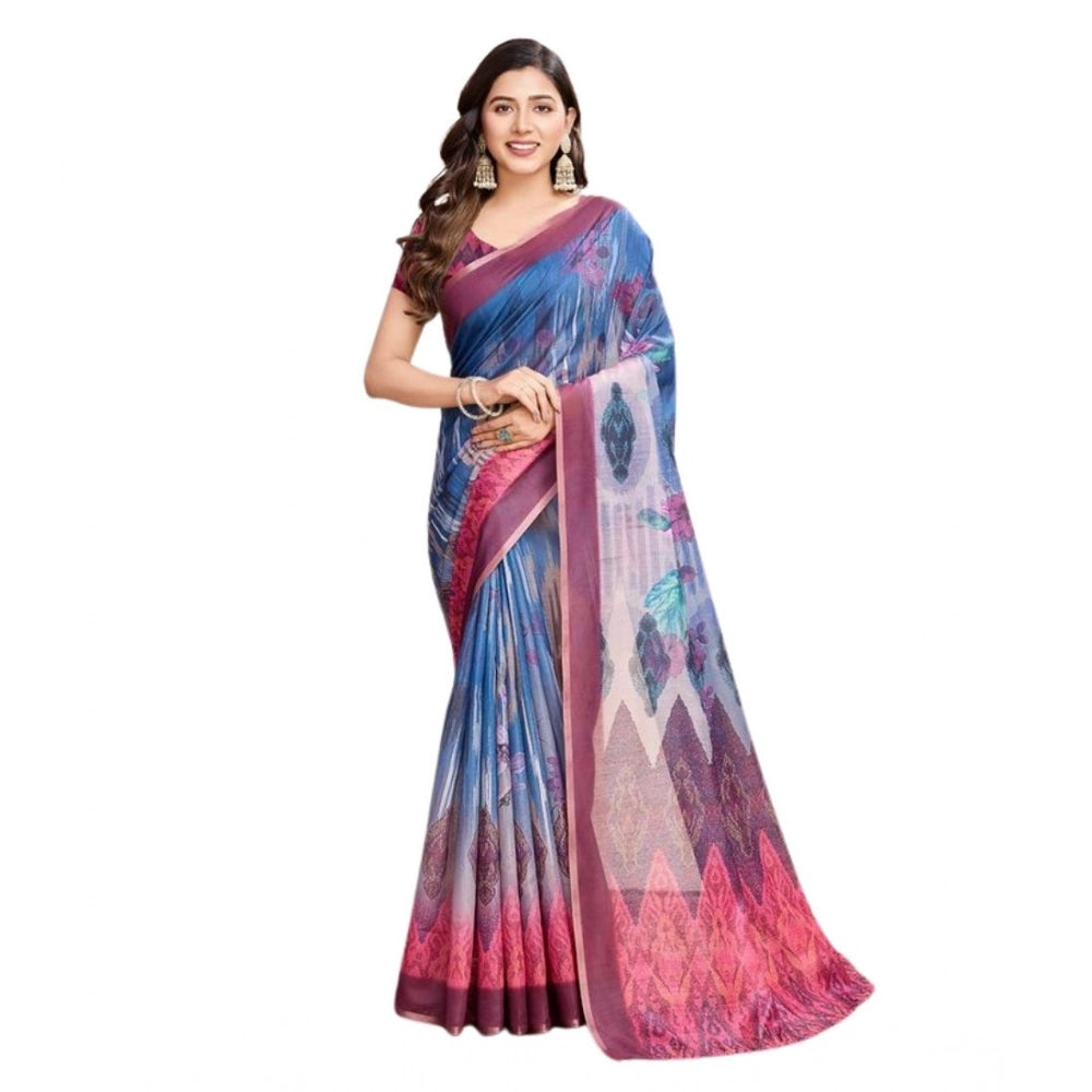 Amfyn Women's Semi Cotton Digital Print Saree With Unstitched Blouse 5.5Mtr (Blue)