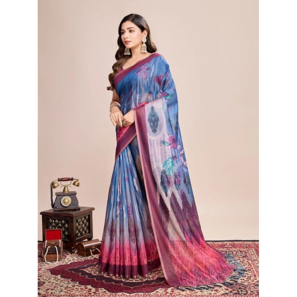 Amfyn Women's Semi Cotton Digital Print Saree With Unstitched Blouse 5.5Mtr (Blue)