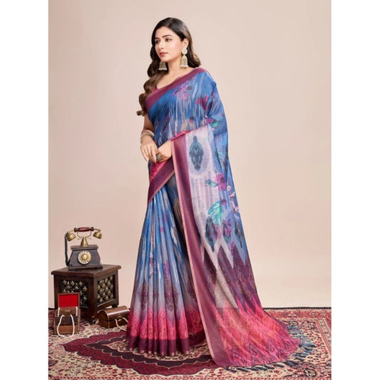 Amfyn Women's Semi Cotton Digital Print Saree With Unstitched Blouse 5.5Mtr (Blue)