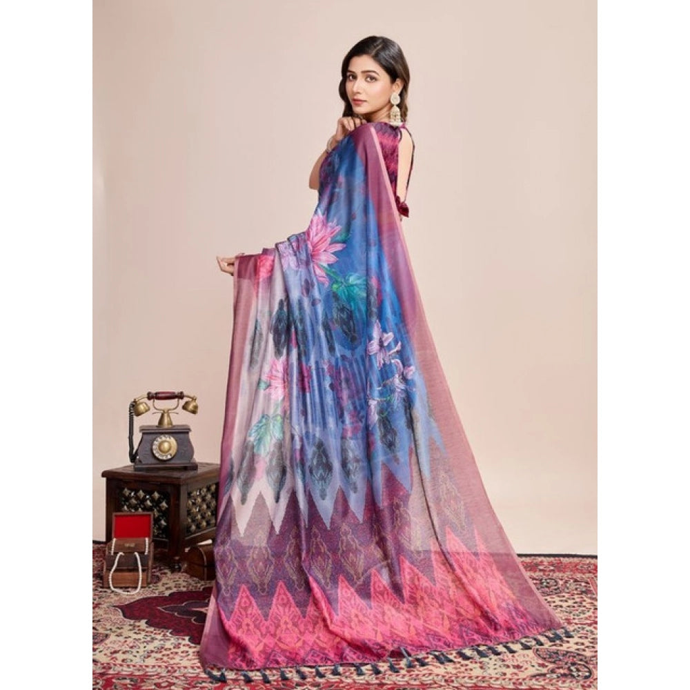 Amfyn Women's Semi Cotton Digital Print Saree With Unstitched Blouse 5.5Mtr (Blue)