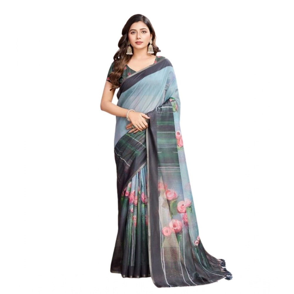 Amfyn Women's Semi Cotton Digital Print Saree With Unstitched Blouse 5.5Mtr (Green)