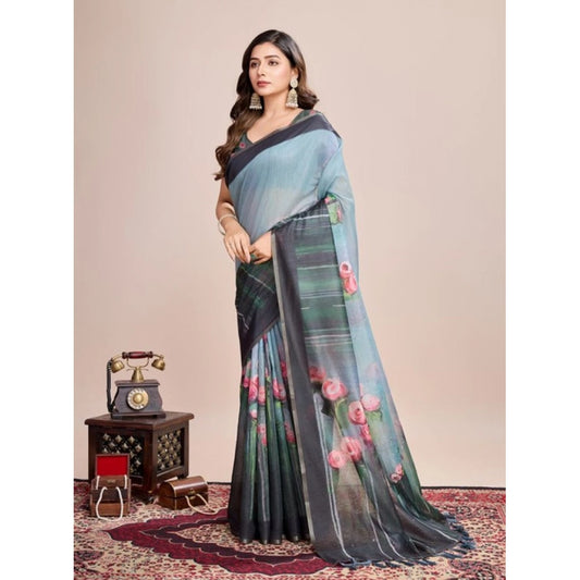 Amfyn Women's Semi Cotton Digital Print Saree With Unstitched Blouse 5.5Mtr (Green)