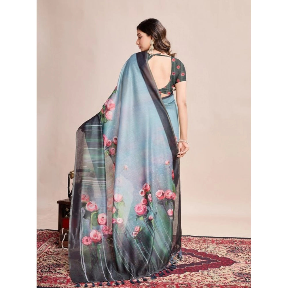 Amfyn Women's Semi Cotton Digital Print Saree With Unstitched Blouse 5.5Mtr (Green)