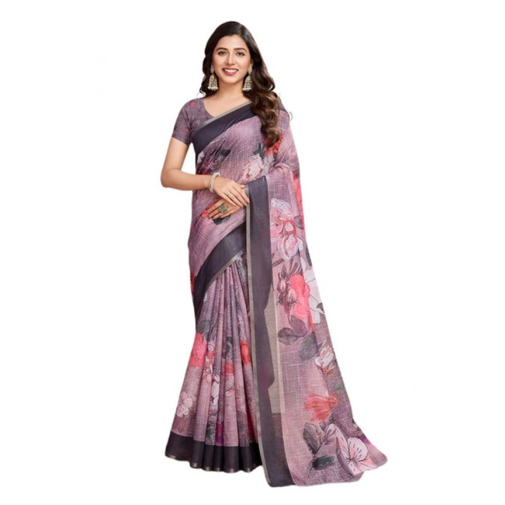 Amfyn Women's Semi Cotton Digital Print Saree With Unstitched Blouse 5.5Mtr (lavender)