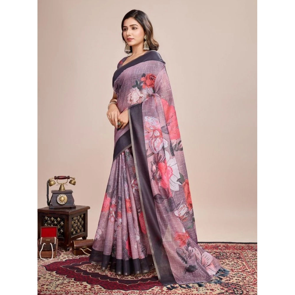 Amfyn Women's Semi Cotton Digital Print Saree With Unstitched Blouse 5.5Mtr (lavender)