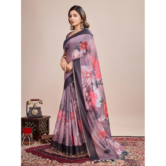 Amfyn Women's Semi Cotton Digital Print Saree With Unstitched Blouse 5.5Mtr (lavender)