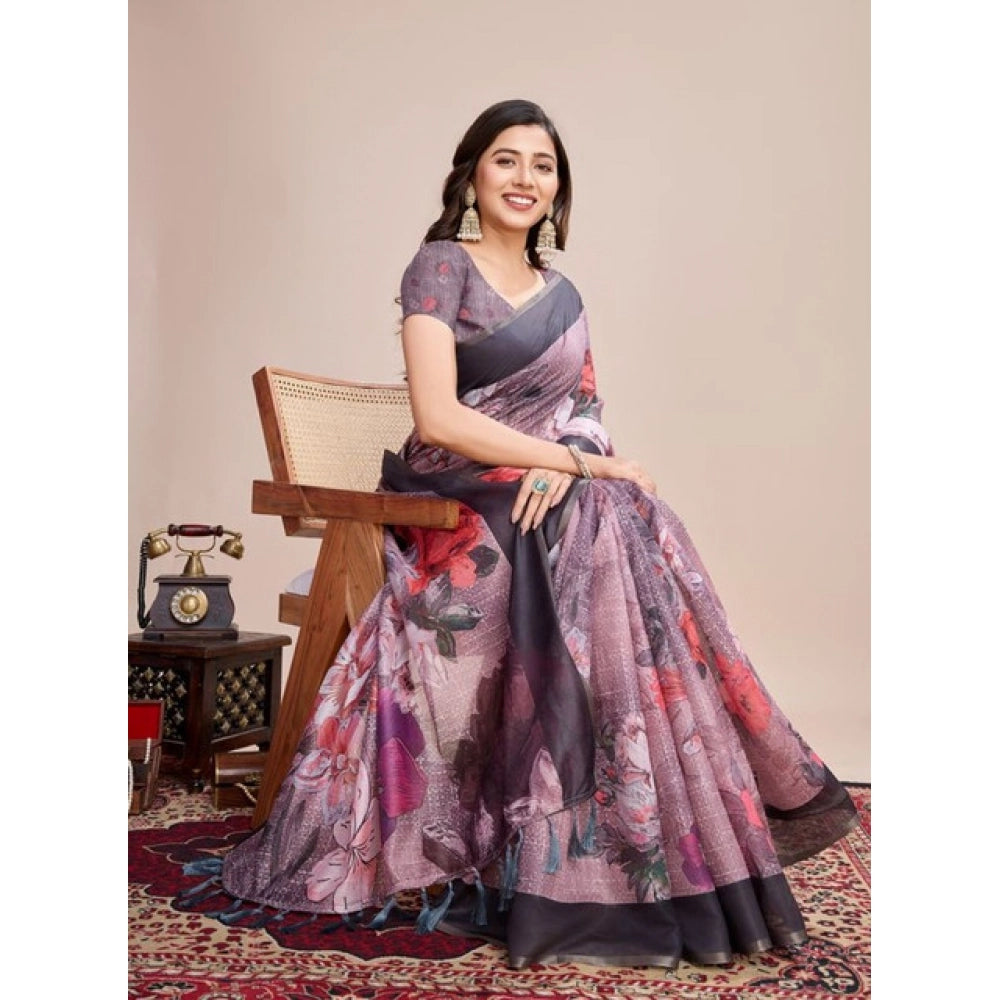 Amfyn Women's Semi Cotton Digital Print Saree With Unstitched Blouse 5.5Mtr (lavender)