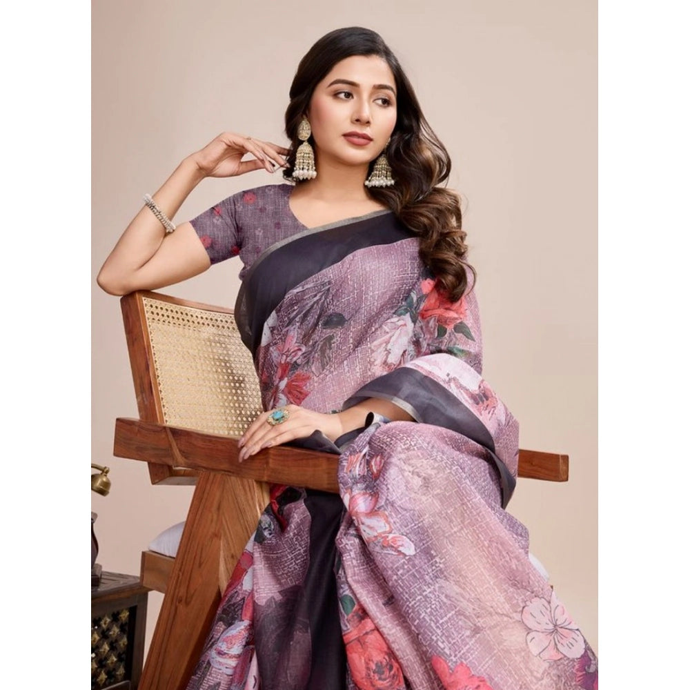 Amfyn Women's Semi Cotton Digital Print Saree With Unstitched Blouse 5.5Mtr (lavender)