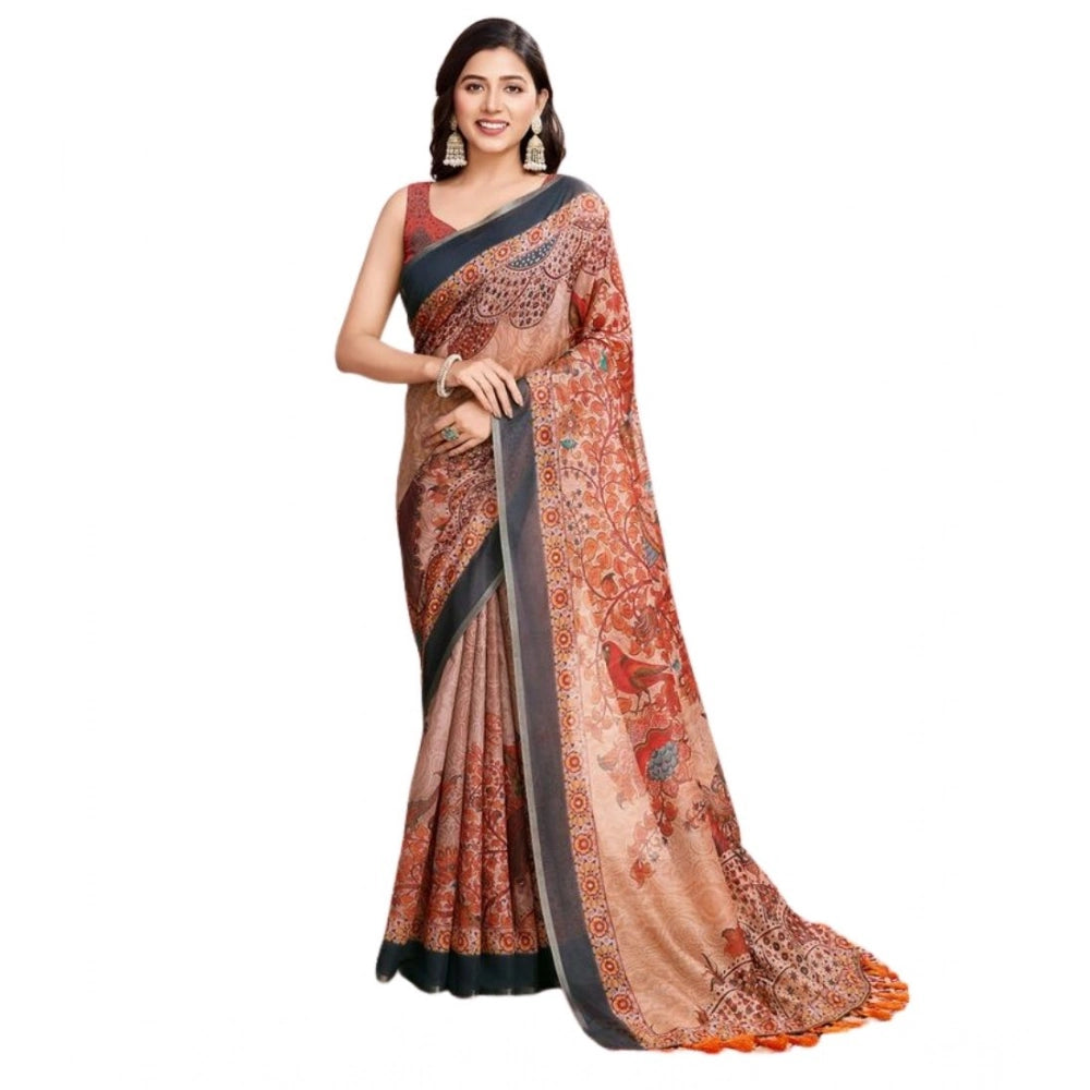 Amfyn Women's Semi Cotton Digital Print Saree With Unstitched Blouse 5.5Mtr (Orange)