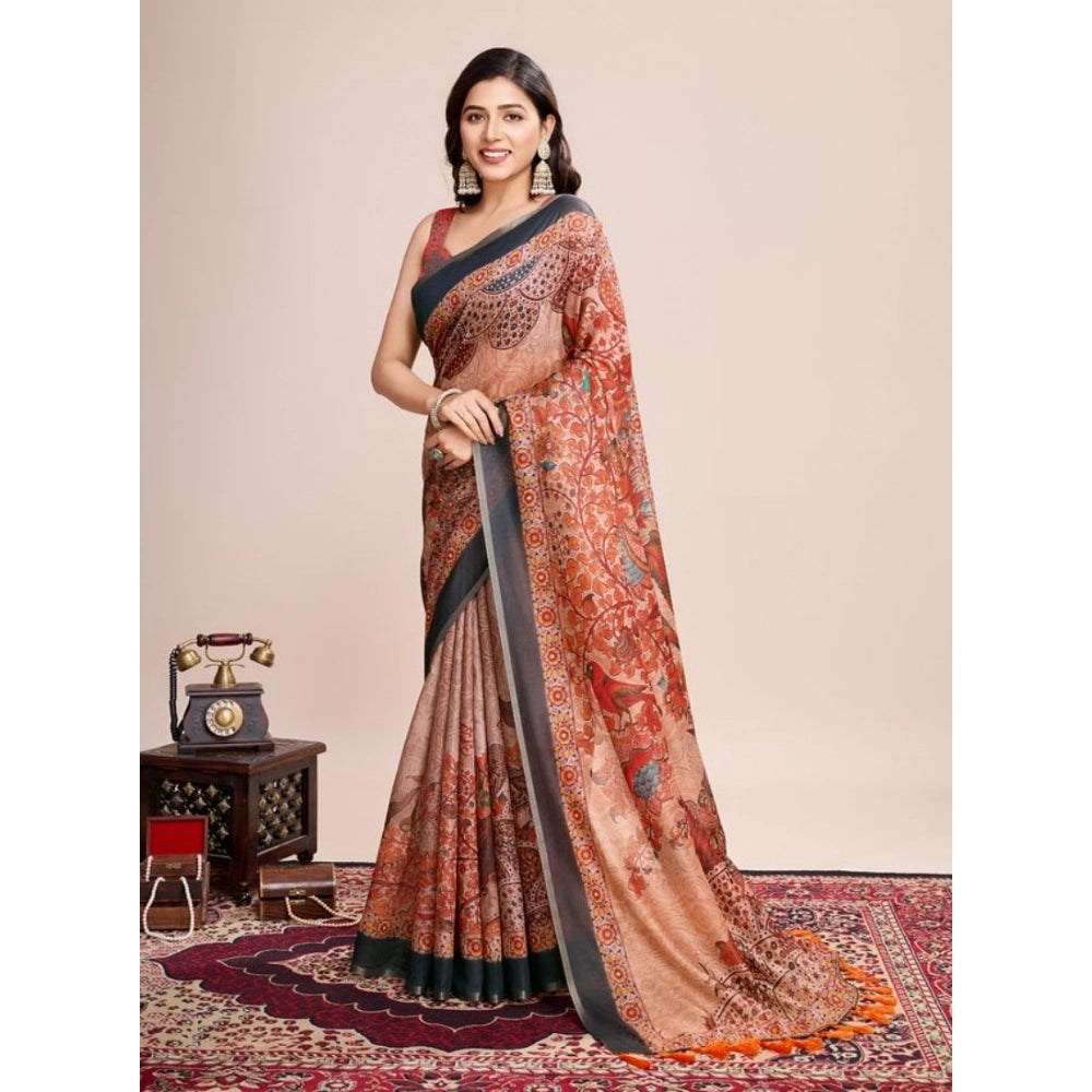 Amfyn Women's Semi Cotton Digital Print Saree With Unstitched Blouse 5.5Mtr (Orange)