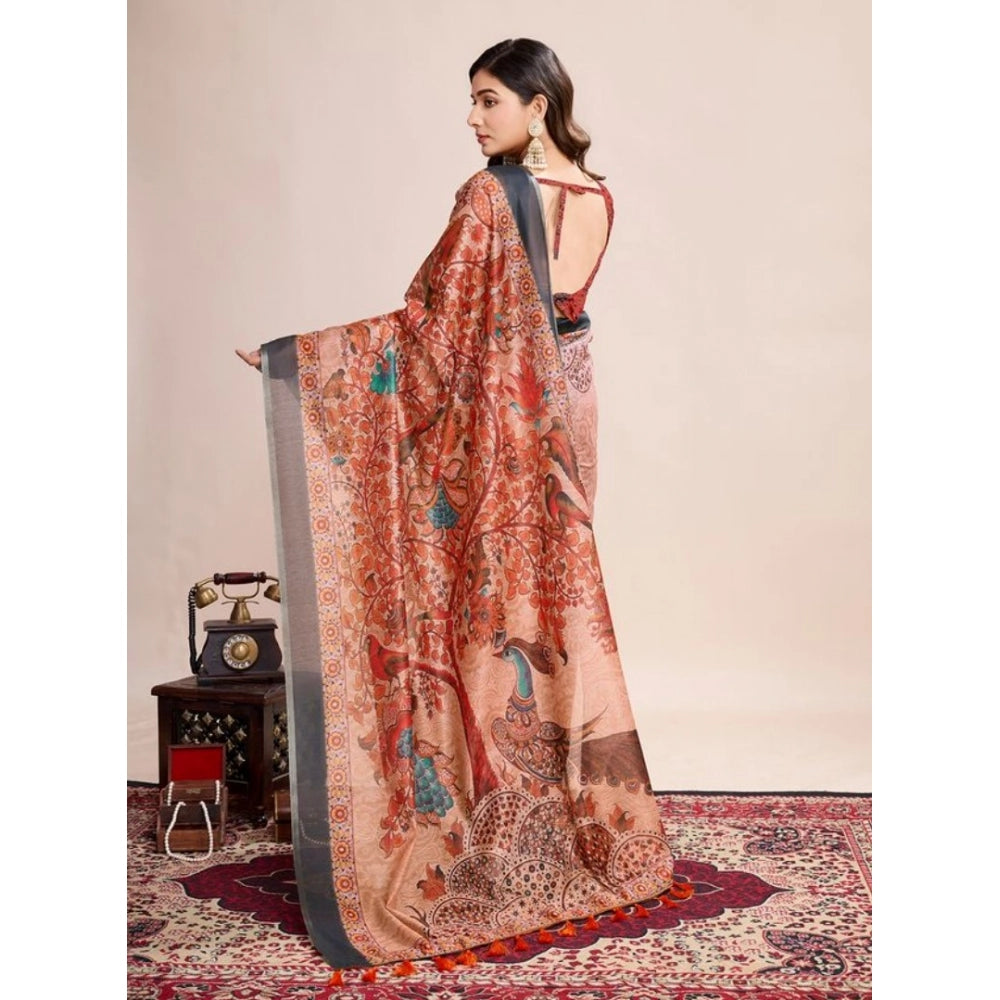 Amfyn Women's Semi Cotton Digital Print Saree With Unstitched Blouse 5.5Mtr (Orange)