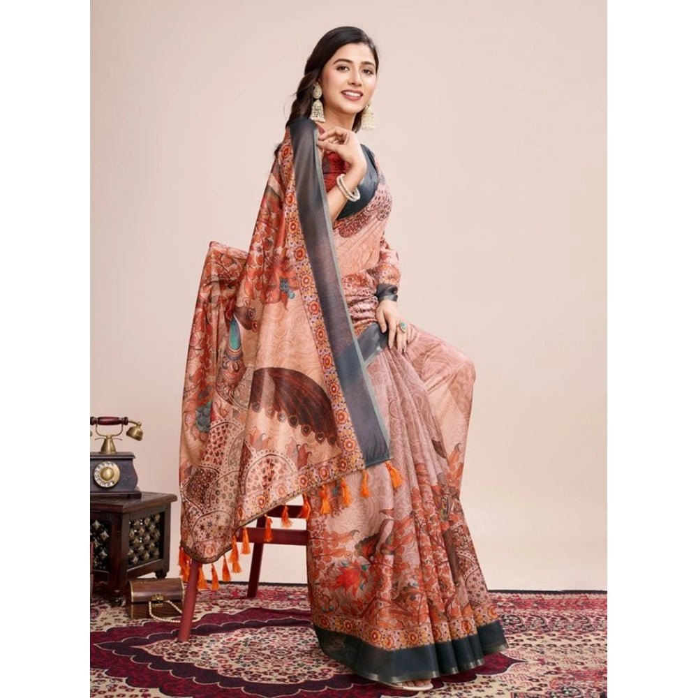 Amfyn Women's Semi Cotton Digital Print Saree With Unstitched Blouse 5.5Mtr (Orange)