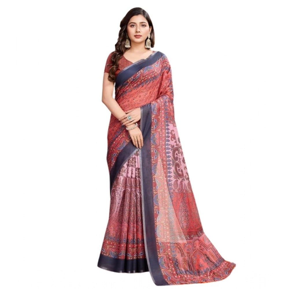 Amfyn Women's Semi Cotton Digital Print Saree With Unstitched Blouse 5.5Mtr (Peach)
