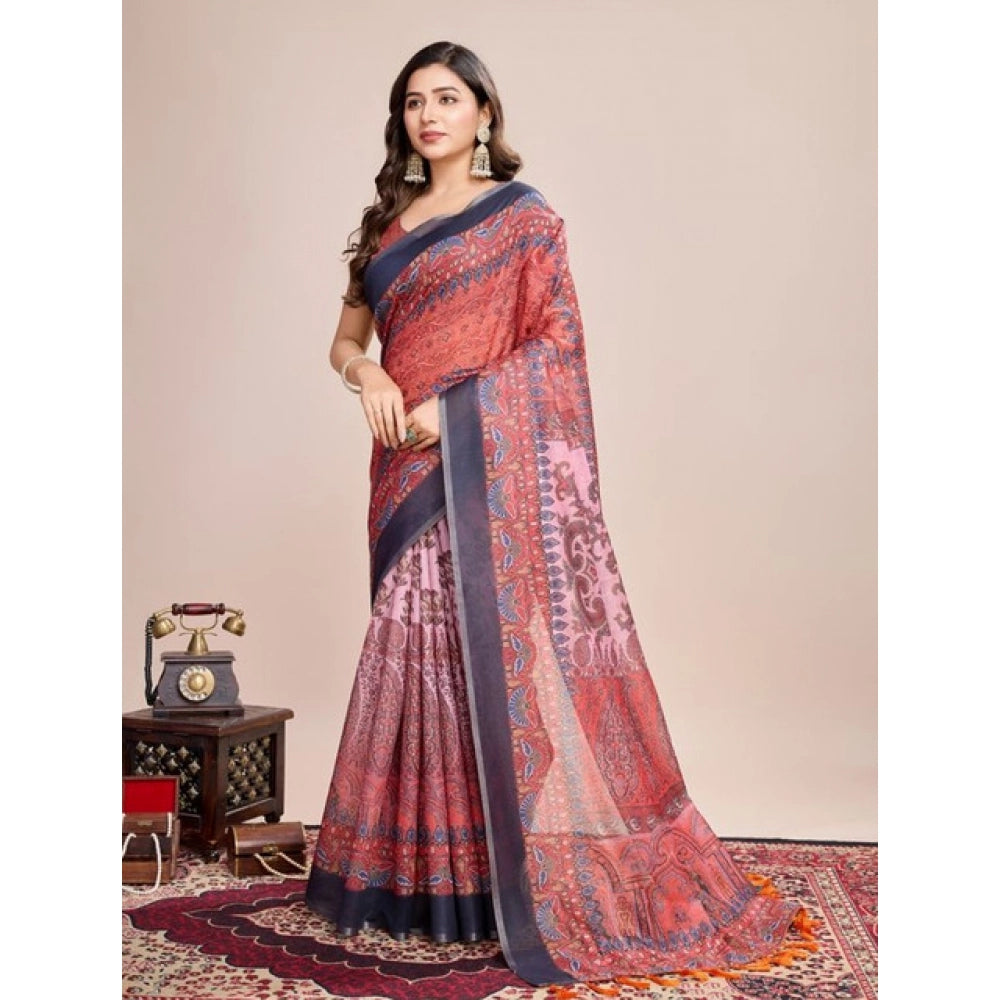 Amfyn Women's Semi Cotton Digital Print Saree With Unstitched Blouse 5.5Mtr (Peach)