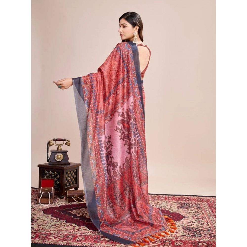 Amfyn Women's Semi Cotton Digital Print Saree With Unstitched Blouse 5.5Mtr (Peach)