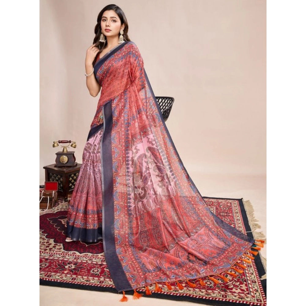 Amfyn Women's Semi Cotton Digital Print Saree With Unstitched Blouse 5.5Mtr (Peach)