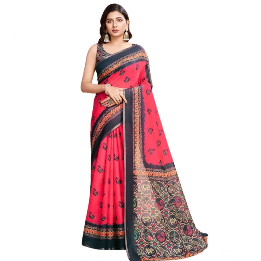 Amfyn Women's Semi Cotton Digital Print Saree With Unstitched Blouse 5.5Mtr (Red)