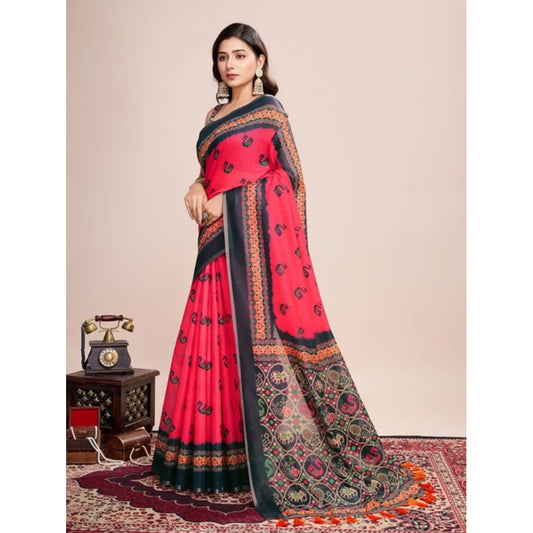 Amfyn Women's Semi Cotton Digital Print Saree With Unstitched Blouse 5.5Mtr (Red)