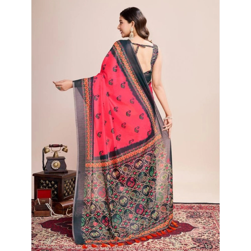 Amfyn Women's Semi Cotton Digital Print Saree With Unstitched Blouse 5.5Mtr (Red)