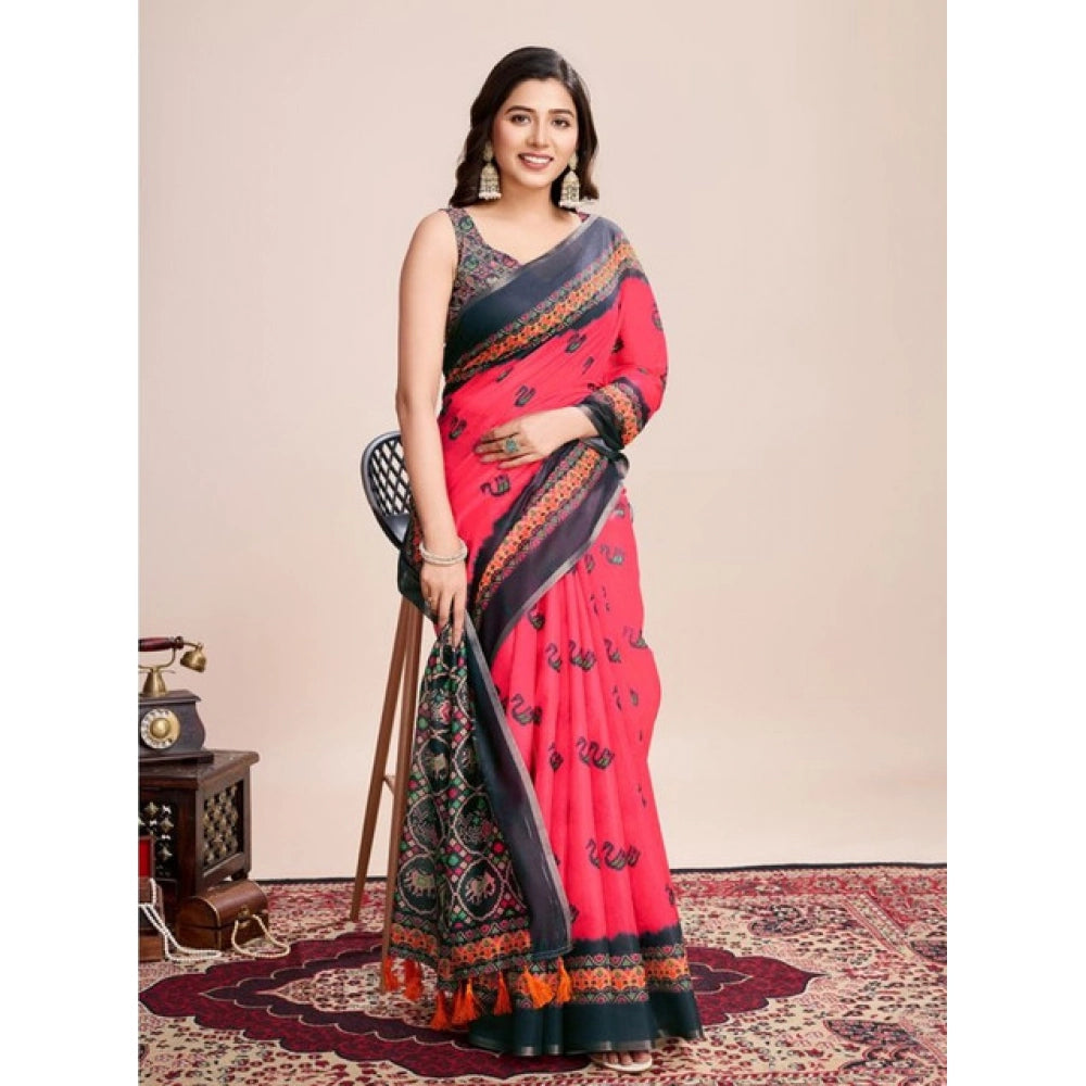 Amfyn Women's Semi Cotton Digital Print Saree With Unstitched Blouse 5.5Mtr (Red)