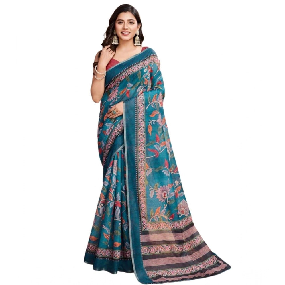 Amfyn Women's Semi Cotton Digital Print Saree With Unstitched Blouse 5.5Mtr (Teal)