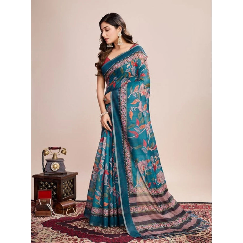 Amfyn Women's Semi Cotton Digital Print Saree With Unstitched Blouse 5.5Mtr (Teal)