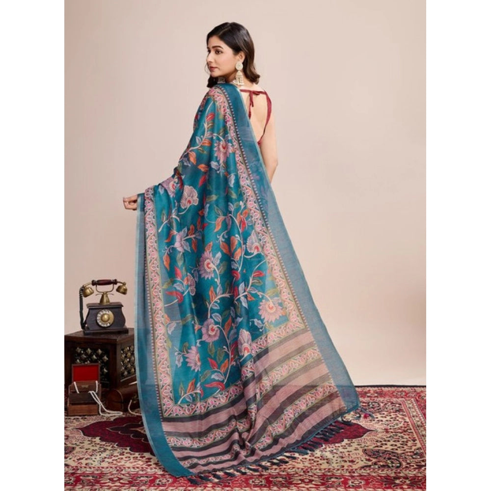 Amfyn Women's Semi Cotton Digital Print Saree With Unstitched Blouse 5.5Mtr (Teal)